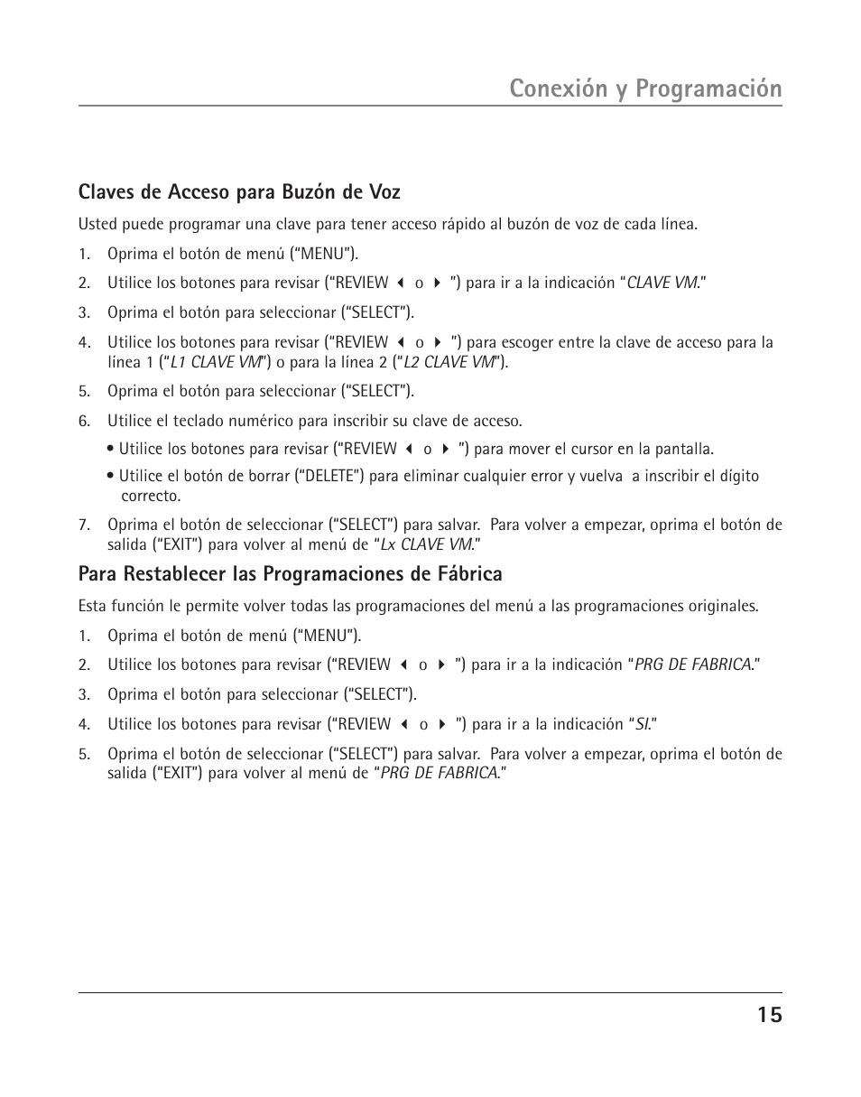 Conexión y programación, Claves de acceso para buzón de voz, Para restablecer las programaciones de fábrica | RCA TWO-LINE SPEAKERPHONE WITH CALL WAITING CALLER ID 25202 User Manual | Page 53 / 76