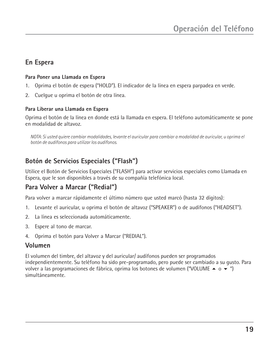 Operación del teléfono, En espera, Botón de servicios especiales (“flash”) | Para volver a marcar (“redial”), Volumen | RCA TWO-LINE SPEAKERPHONE WITH CALL WAITING CALLER ID 25202 User Manual | Page 57 / 76