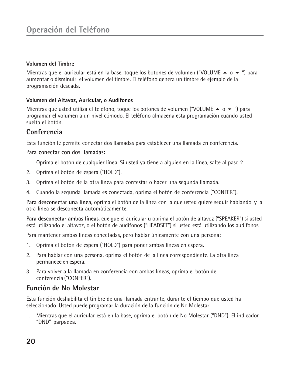 Operación del teléfono, Conferencia, Función de no molestar | RCA TWO-LINE SPEAKERPHONE WITH CALL WAITING CALLER ID 25202 User Manual | Page 58 / 76