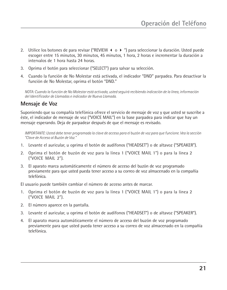 Operación del teléfono, Mensaje de voz | RCA TWO-LINE SPEAKERPHONE WITH CALL WAITING CALLER ID 25202 User Manual | Page 59 / 76