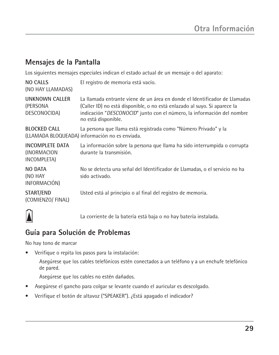 Otra información, Mensajes de la pantalla, Guía para solución de problemas | RCA TWO-LINE SPEAKERPHONE WITH CALL WAITING CALLER ID 25202 User Manual | Page 67 / 76