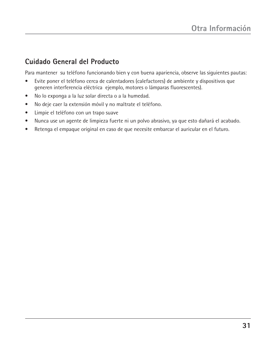 Otra información, Cuidado general del producto | RCA TWO-LINE SPEAKERPHONE WITH CALL WAITING CALLER ID 25202 User Manual | Page 69 / 76