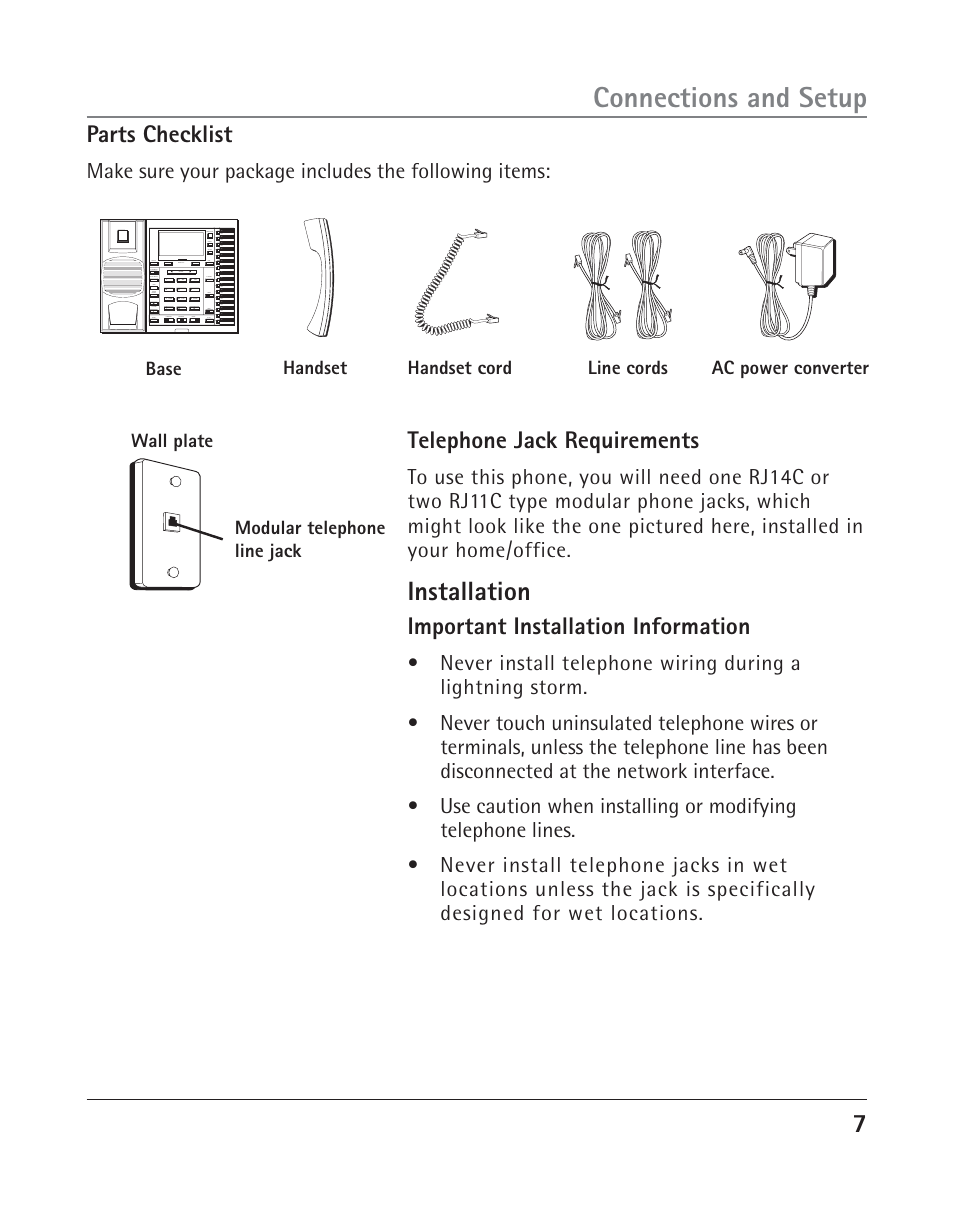 Connections and setup, Installation, Parts checklist | Telephone jack requirements, Important installation information | RCA TWO-LINE SPEAKERPHONE WITH CALL WAITING CALLER ID 25202 User Manual | Page 7 / 76