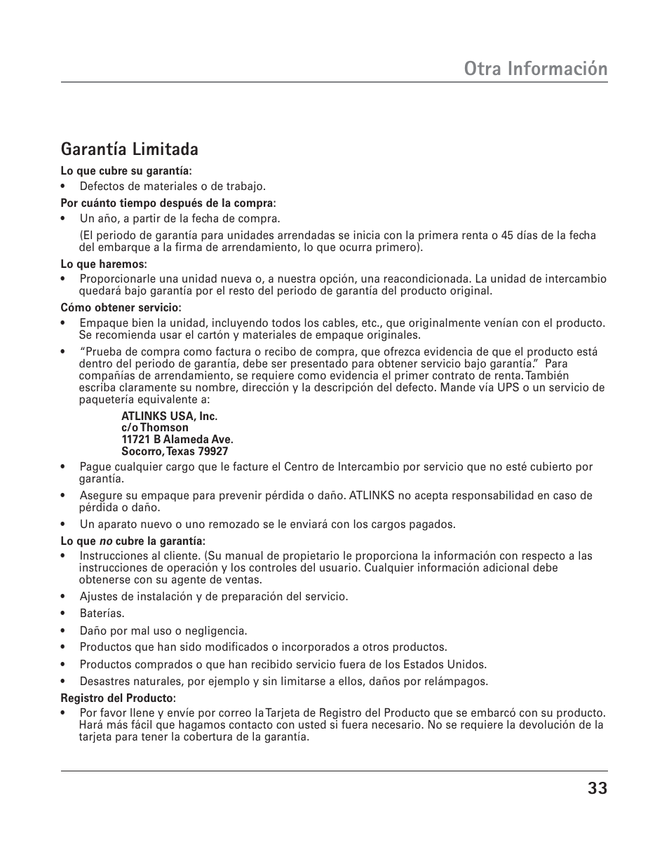 Otra información, Garantía limitada | RCA TWO-LINE SPEAKERPHONE WITH CALL WAITING CALLER ID 25202 User Manual | Page 71 / 76