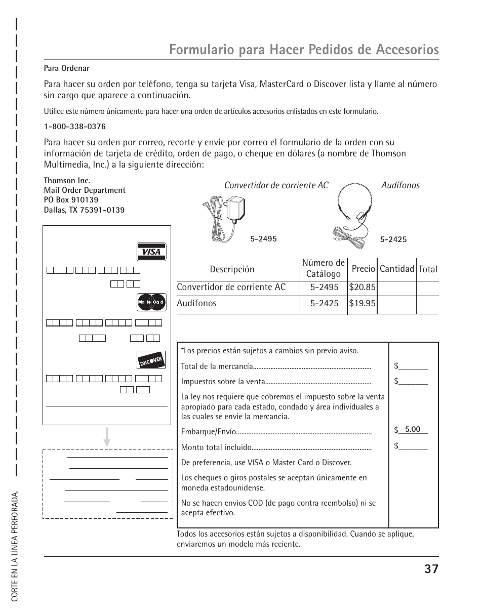 Formulario para hacer pedidos de accesorios, Convertidor de corriente ac audífonos | RCA TWO-LINE SPEAKERPHONE WITH CALL WAITING CALLER ID 25202 User Manual | Page 75 / 76