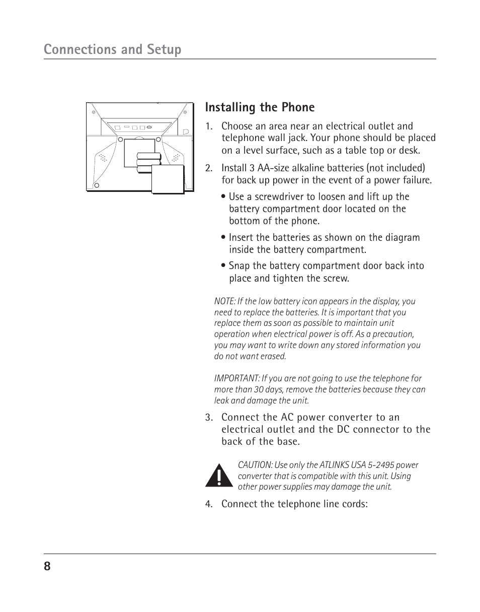 Connections and setup, Installing the phone | RCA TWO-LINE SPEAKERPHONE WITH CALL WAITING CALLER ID 25202 User Manual | Page 8 / 76