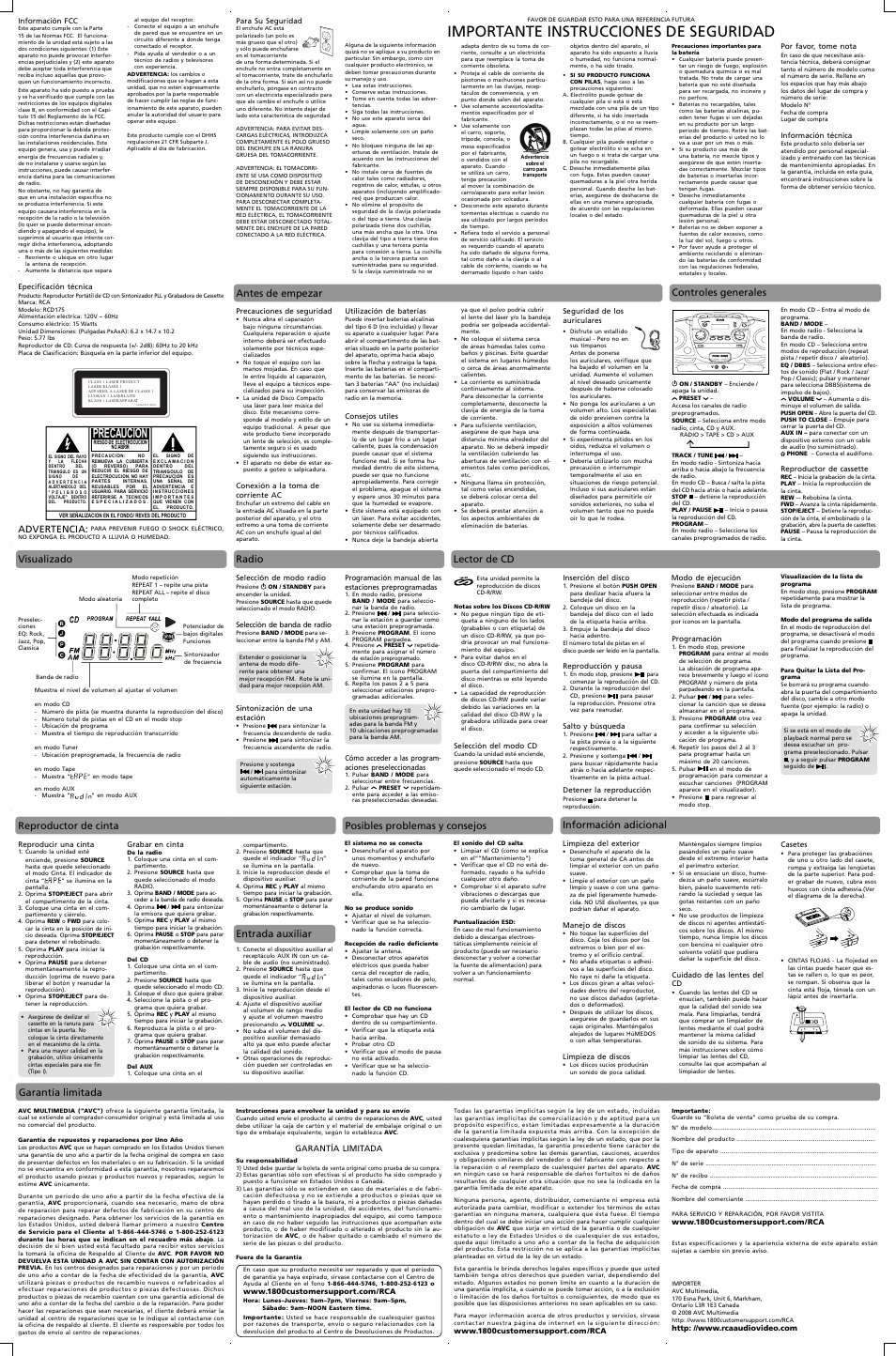 Importante instrucciones de seguridad, Precaucion, Radio | Posibles problemas y consejos, Información adicional, Garantía limitada, Entrada auxiliar, Advertencia | RCA 344A2555-0001 User Manual | Page 2 / 2