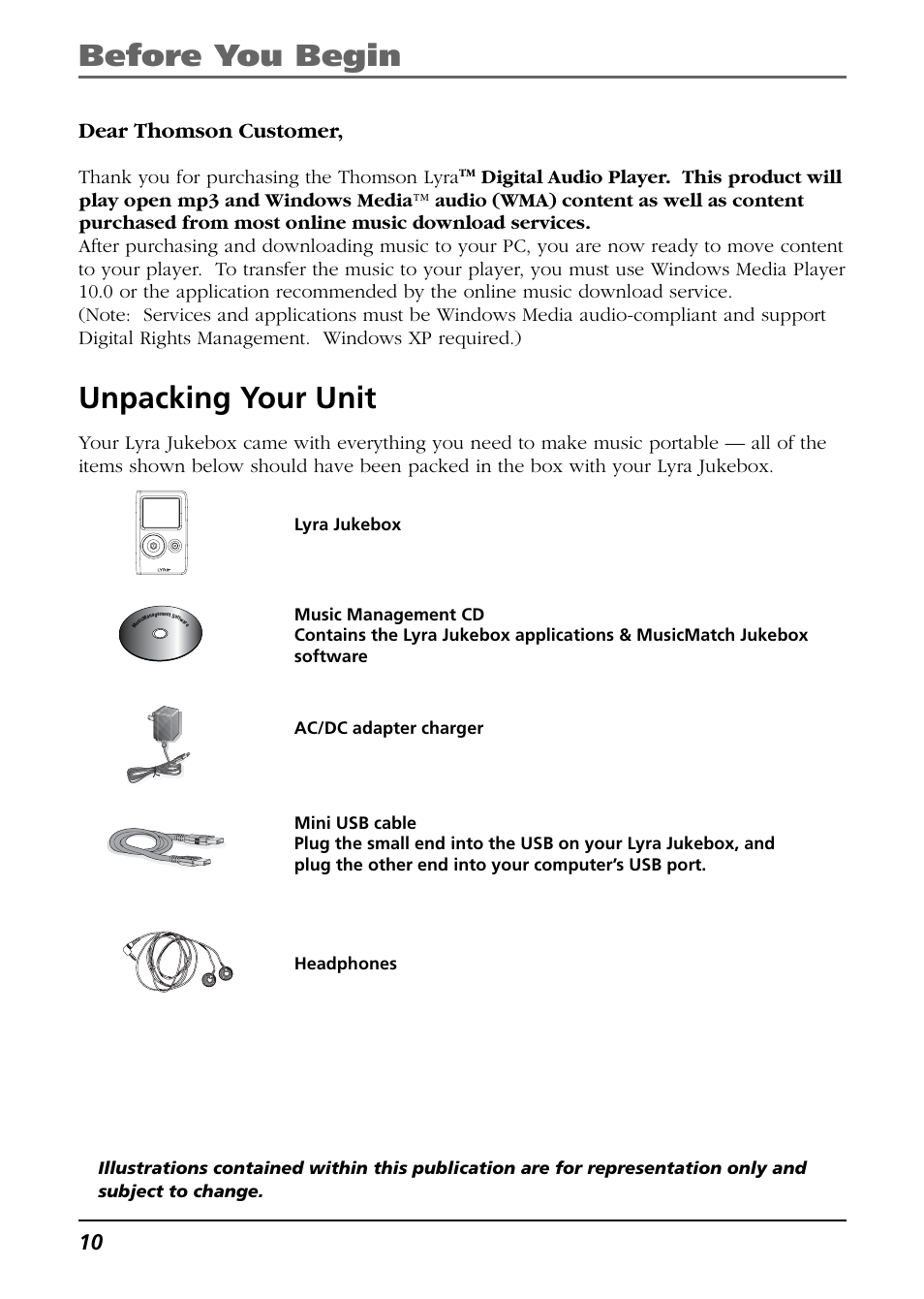 Before you begin unpacking your unit, Dear thomson customer | RCA Lyra PDP2811 User Manual | Page 10 / 58