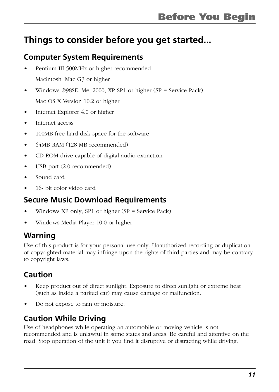 Things to consider before you get started, Computer system requirements, Secure music download requirements | Warning, Caution, Caution while driving, Before you begin | RCA Lyra PDP2811 User Manual | Page 11 / 58