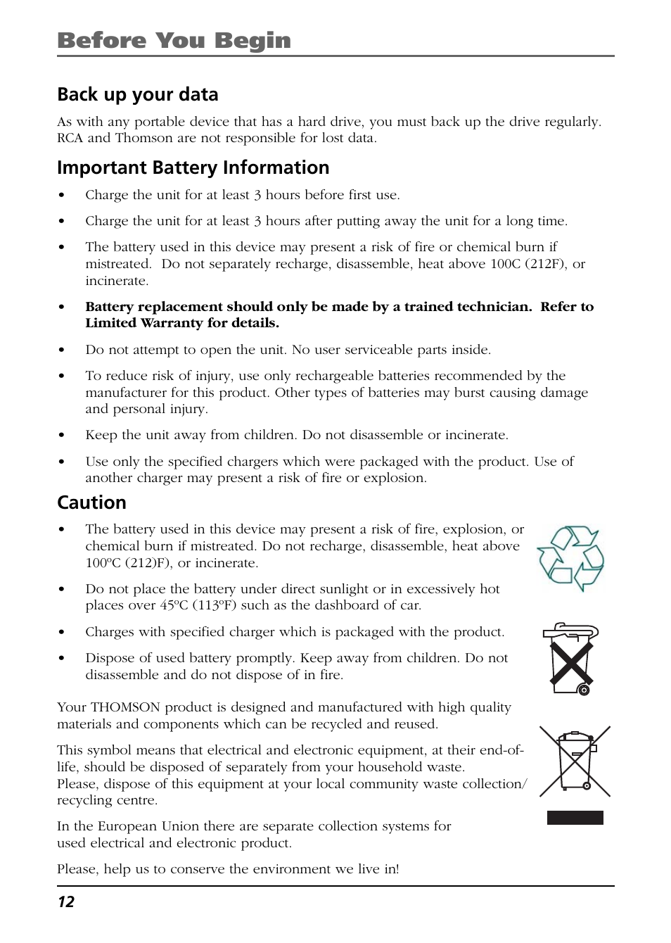 Back up your data, Important battery information, Caution | Before you begin | RCA Lyra PDP2811 User Manual | Page 12 / 58