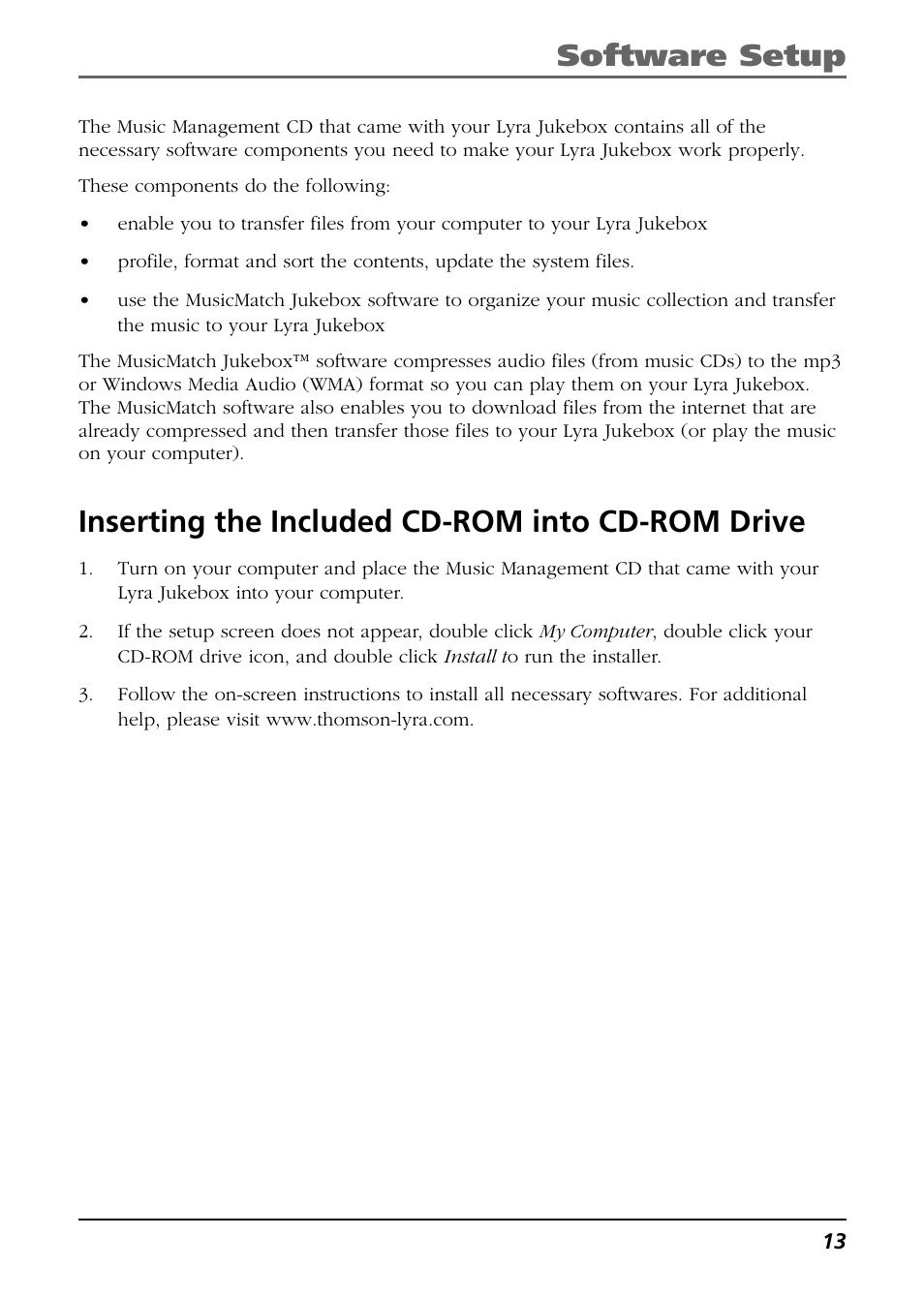 Inserting the included cd-rom into cd-rom drive, Software setup (windows xp only), Software setup | RCA Lyra PDP2811 User Manual | Page 13 / 58