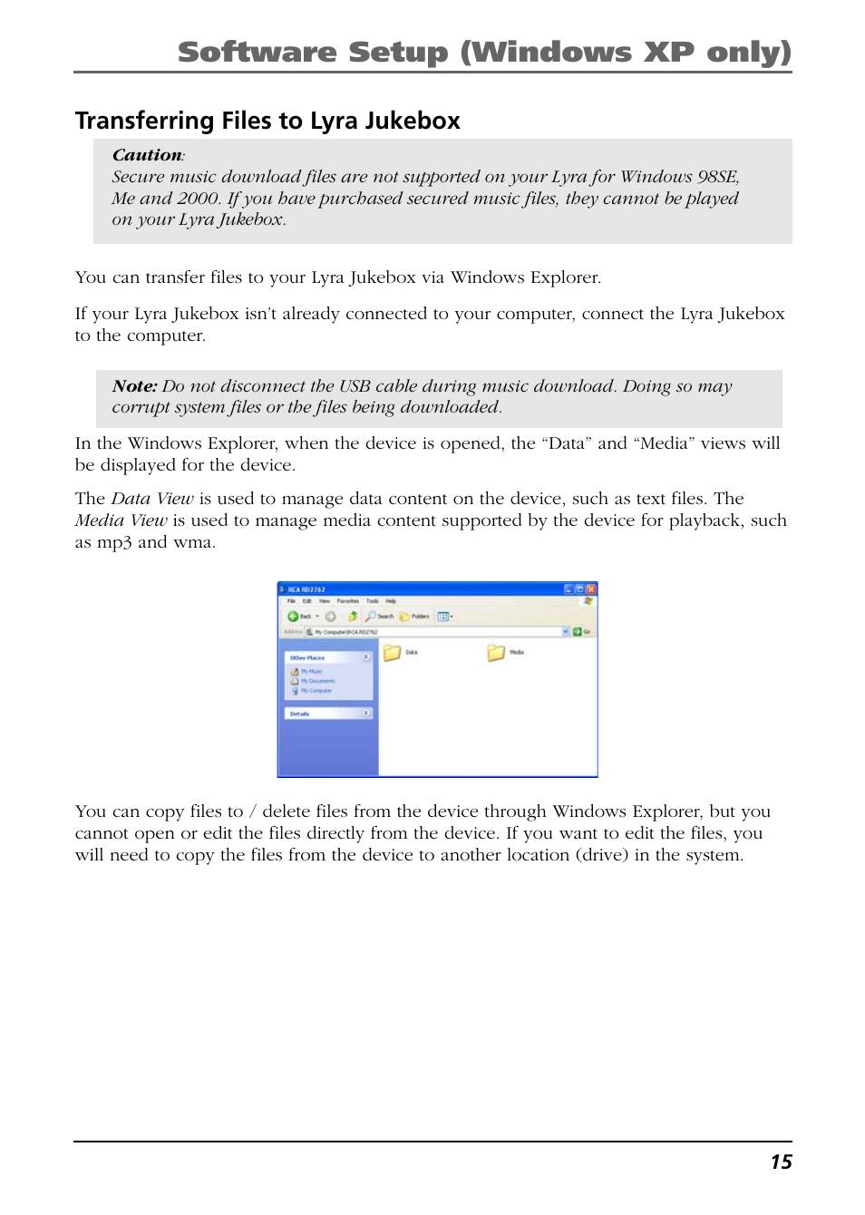 Transferring files to lyra jukebox, Software setup (windows xp only) | RCA Lyra PDP2811 User Manual | Page 15 / 58