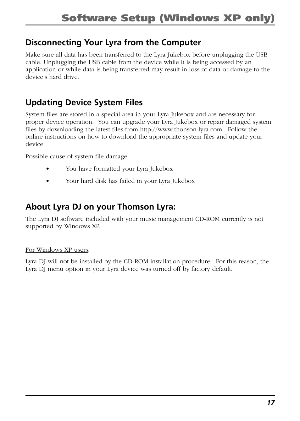 Disconnecting your lyra from the computer, Updating device system files, About lyra dj on your rca lyra | Software setup (windows xp only), About lyra dj on your thomson lyra | RCA Lyra PDP2811 User Manual | Page 17 / 58