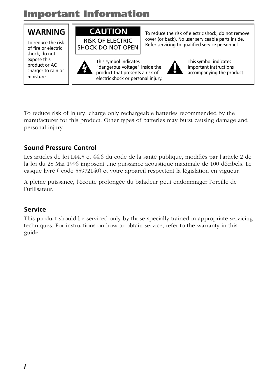 Important information, Sound pressure control, Service | Warning, Caution | RCA Lyra PDP2811 User Manual | Page 2 / 58