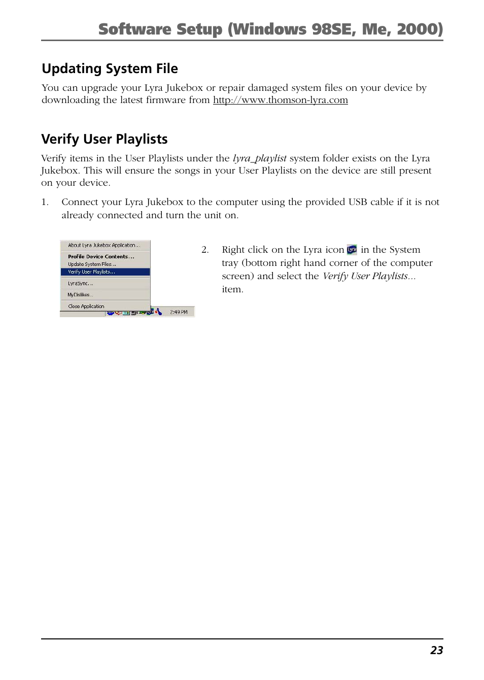 Updating system file, Verify user playlists | RCA Lyra PDP2811 User Manual | Page 23 / 58