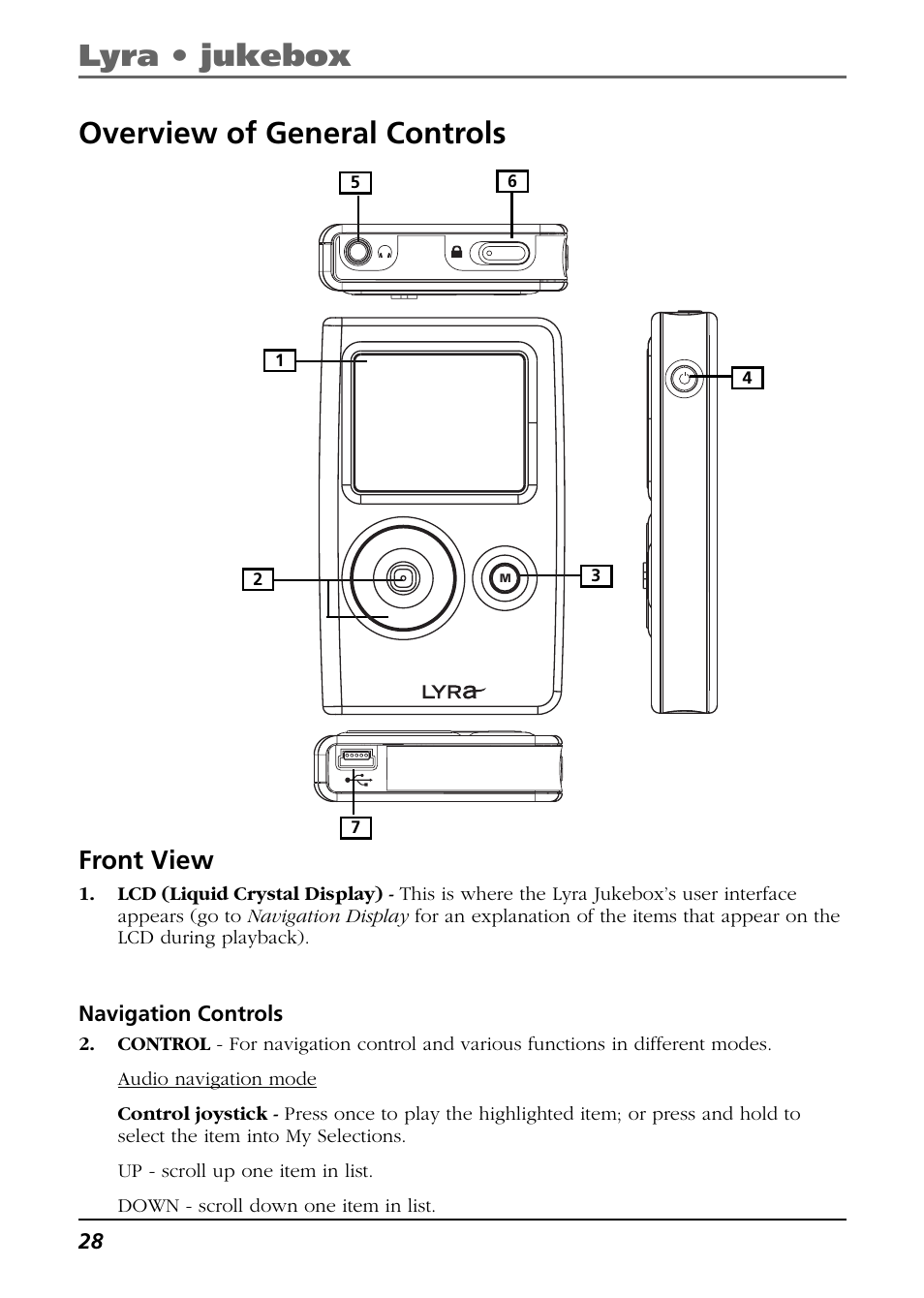 Overview of general controls, Front view, Navigation controls | Lyra • jukebox overview of general controls | RCA Lyra PDP2811 User Manual | Page 28 / 58