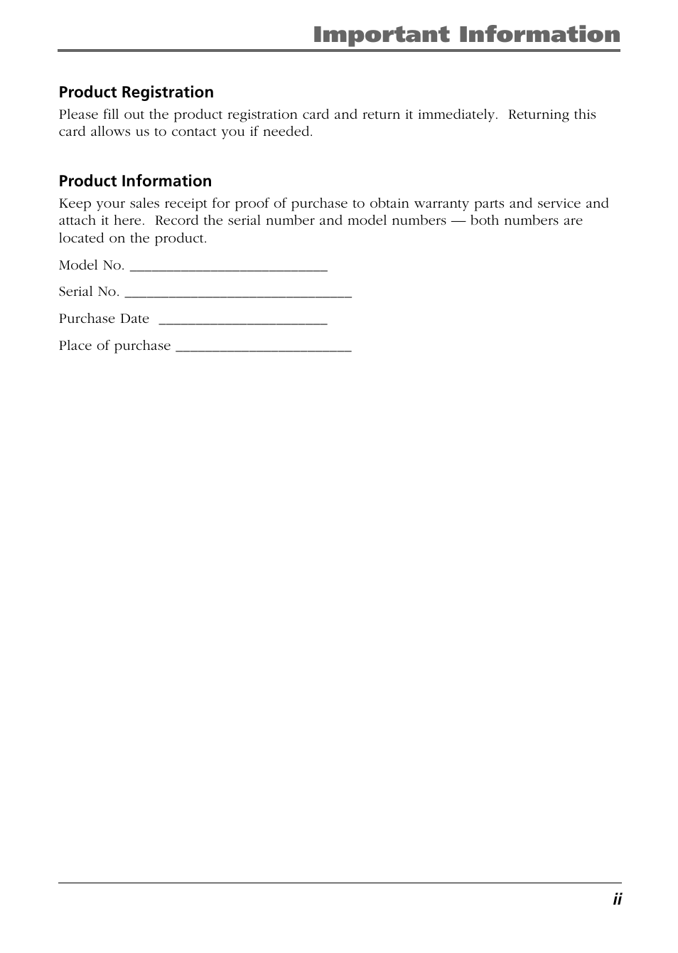 Important information, Product registration, Product information | RCA Lyra PDP2811 User Manual | Page 3 / 58