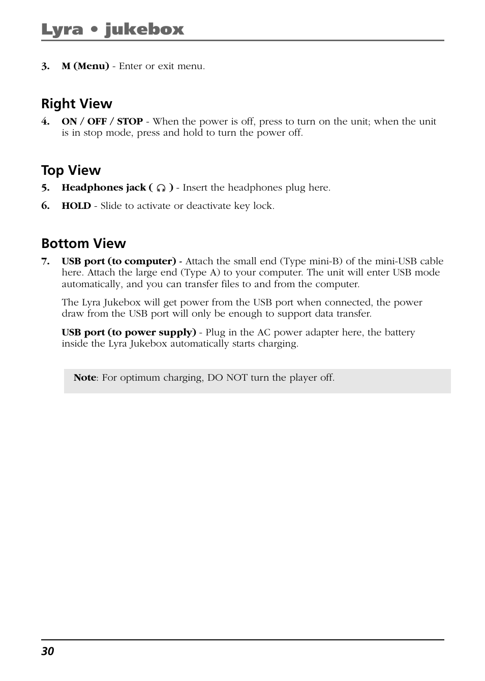 Right view, Top view, Bottom view | Lyra • jukebox | RCA Lyra PDP2811 User Manual | Page 30 / 58