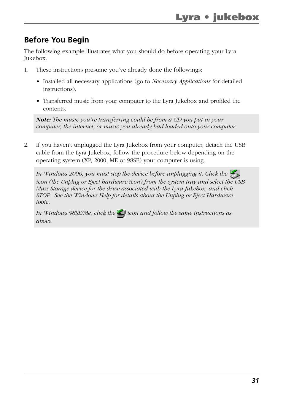 Before you begin, Lyra • jukebox | RCA Lyra PDP2811 User Manual | Page 31 / 58