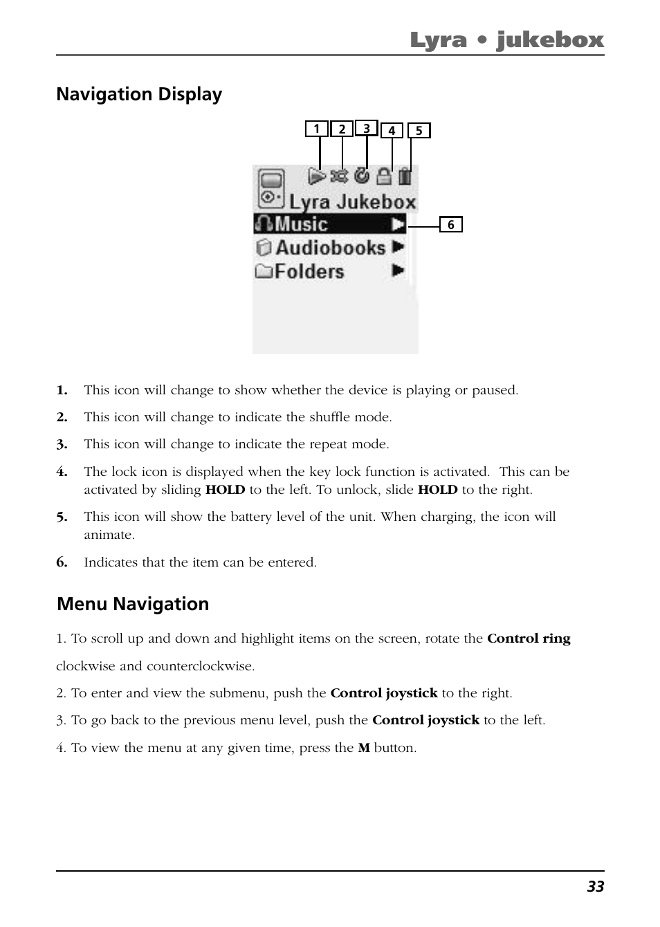 Navigation display, Menu navigation, Lyra • jukebox | RCA Lyra PDP2811 User Manual | Page 33 / 58