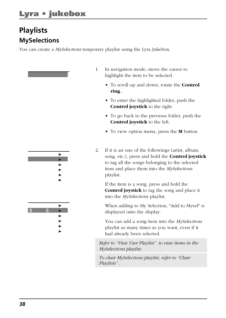 Playlists, Myselections, Lyra • jukebox | RCA Lyra PDP2811 User Manual | Page 38 / 58