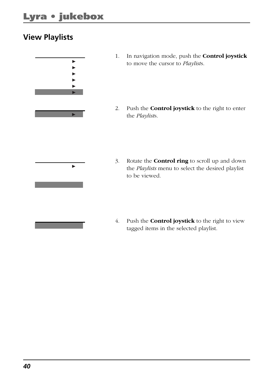 View playlists, Lyra • jukebox | RCA Lyra PDP2811 User Manual | Page 40 / 58