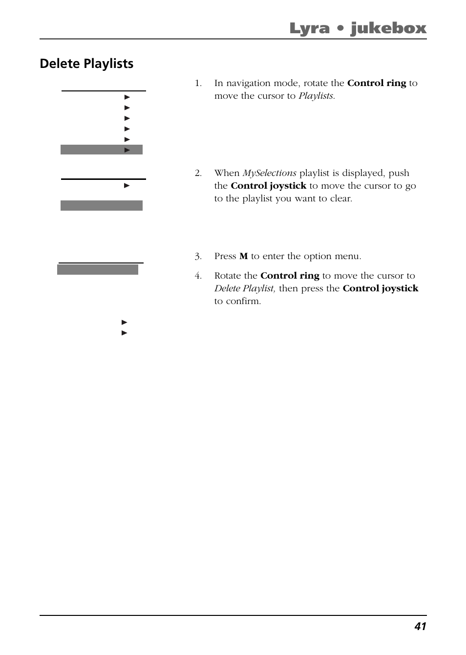 Delete playlists, Lyra • jukebox | RCA Lyra PDP2811 User Manual | Page 41 / 58