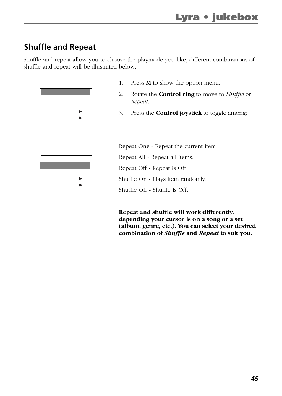 Shuffle and repeat, Lyra • jukebox | RCA Lyra PDP2811 User Manual | Page 45 / 58