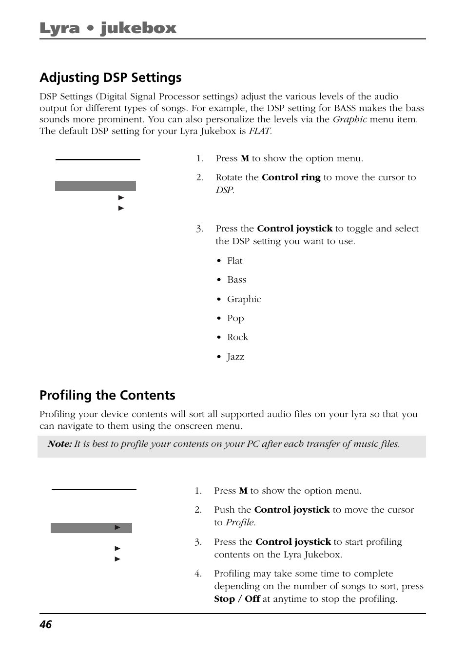 Adjusting dsp settings, Profiling the contents, Lyra • jukebox | RCA Lyra PDP2811 User Manual | Page 46 / 58