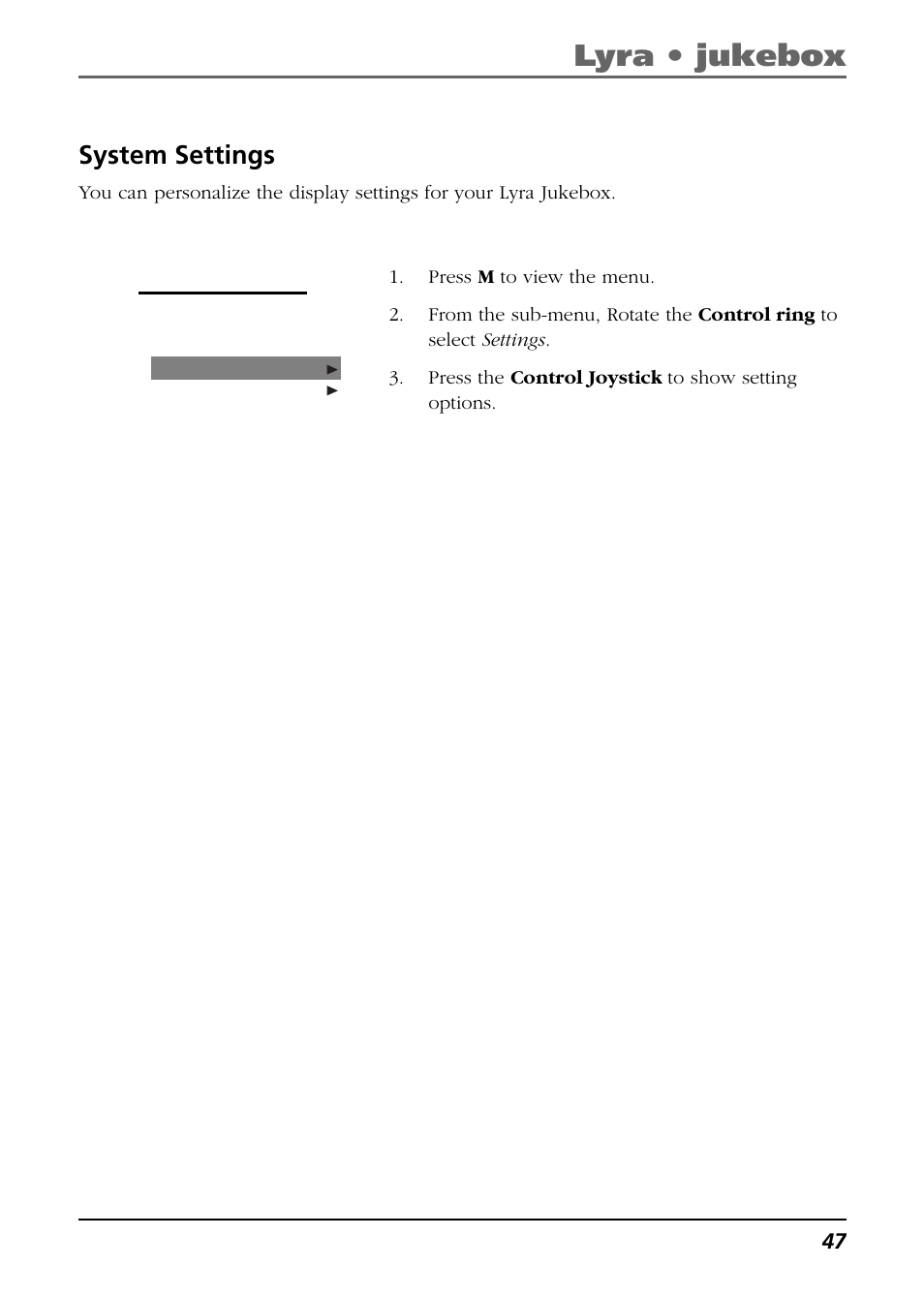 System settings, Lyra • jukebox | RCA Lyra PDP2811 User Manual | Page 47 / 58