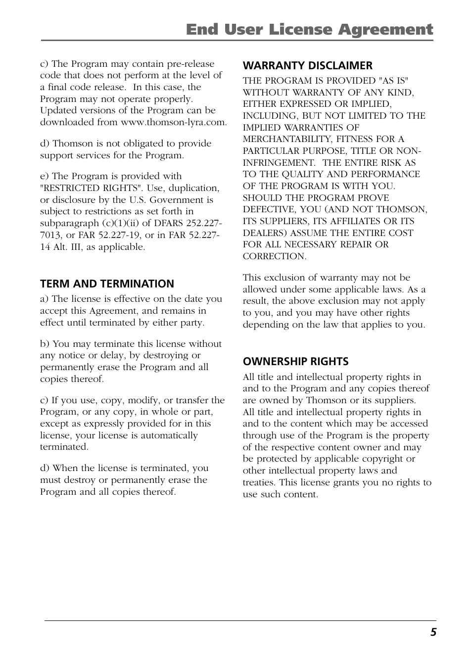 End user license agreement | RCA Lyra PDP2811 User Manual | Page 5 / 58