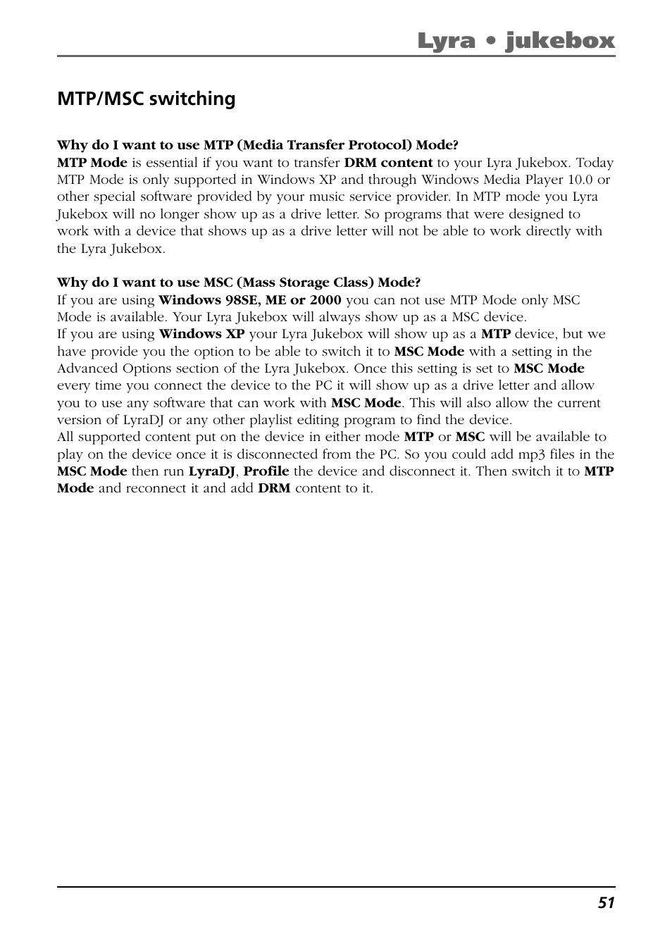 Mtp/msc switching, Lyra • jukebox | RCA Lyra PDP2811 User Manual | Page 51 / 58