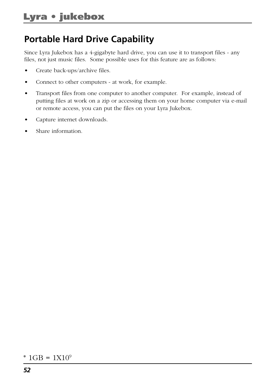 Portable hard drive capability, Lyra • jukebox portable hard drive capability, 1gb = 1x10 | RCA Lyra PDP2811 User Manual | Page 52 / 58