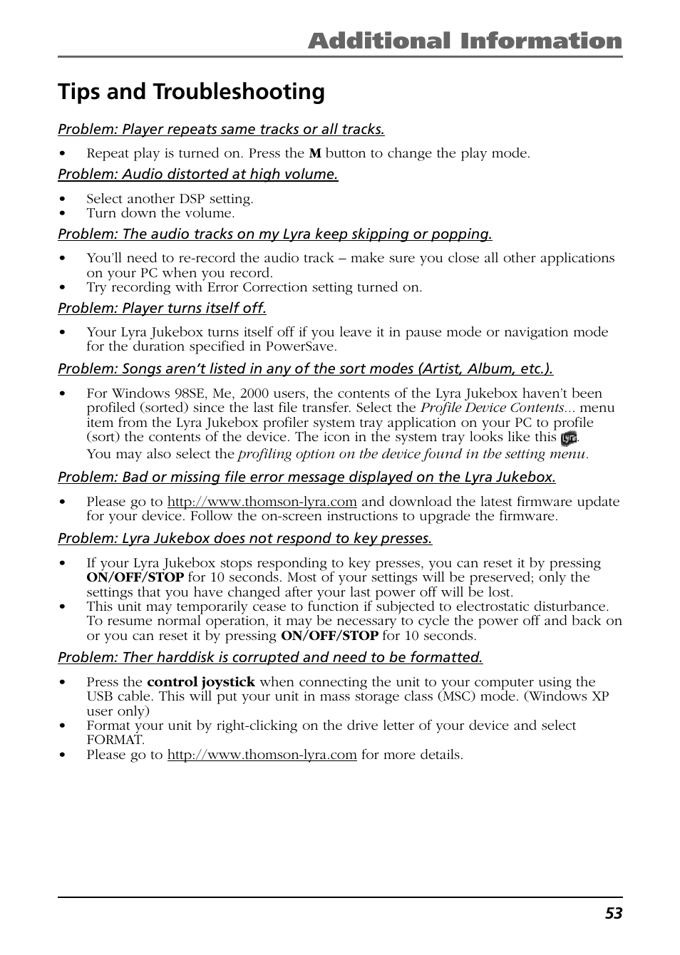 Tips and troubleshooting, Additional information tips and troubleshooting | RCA Lyra PDP2811 User Manual | Page 53 / 58