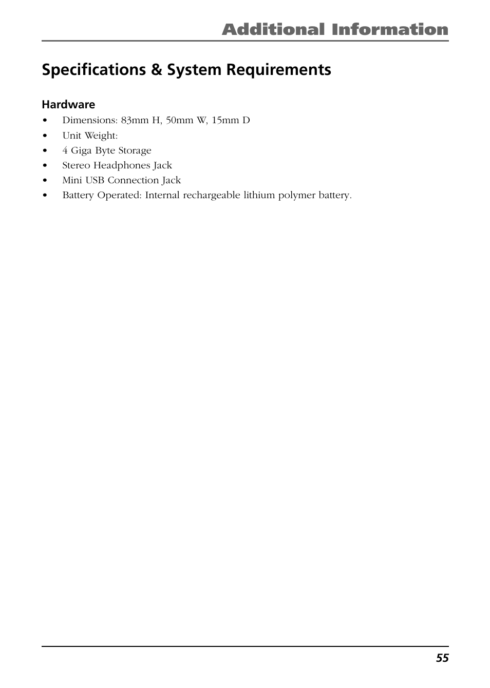 Specifications & system requirements, Hardware | RCA Lyra PDP2811 User Manual | Page 55 / 58