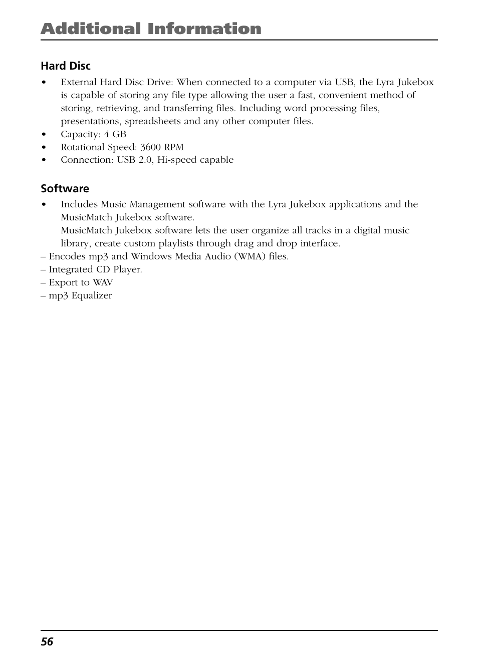 Hard disc, Software, Additional information | RCA Lyra PDP2811 User Manual | Page 56 / 58