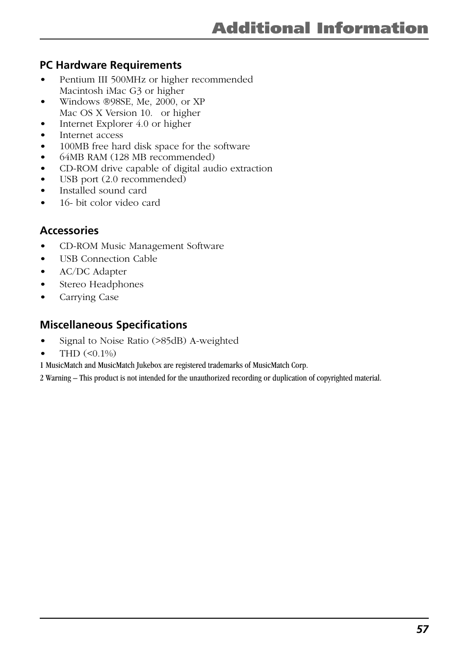 Pc hardware requirements, Accessories, Miscellaneous specifications | Additional information | RCA Lyra PDP2811 User Manual | Page 57 / 58