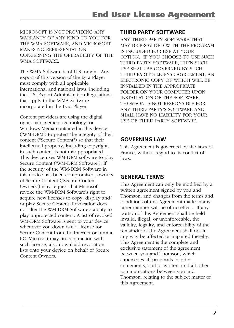 End user license agreement | RCA Lyra PDP2811 User Manual | Page 7 / 58