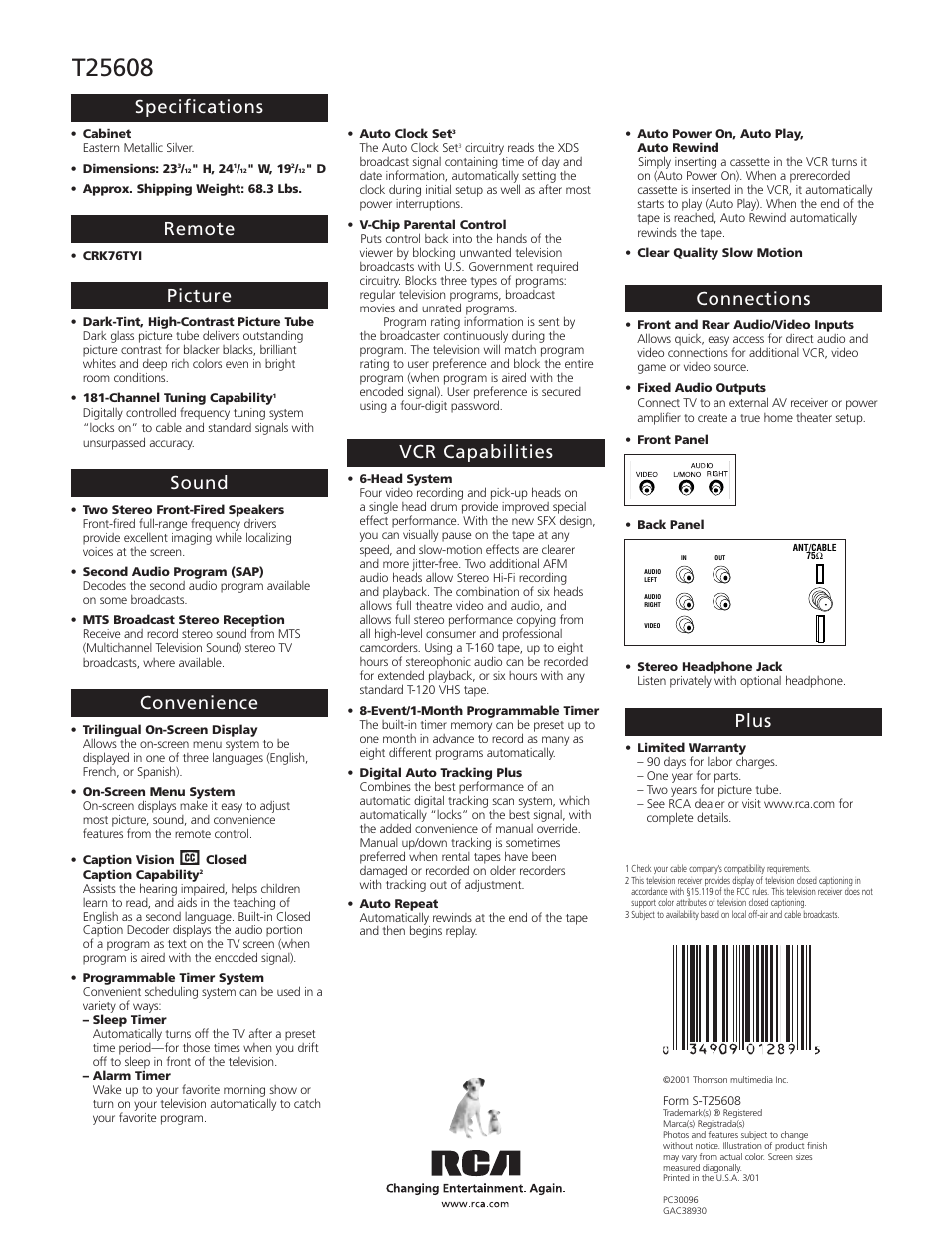 Specifications, Remote, Picture | Sound, Convenience, Vcr capabilities, Connections, Plus | RCA T25608 User Manual | Page 2 / 2