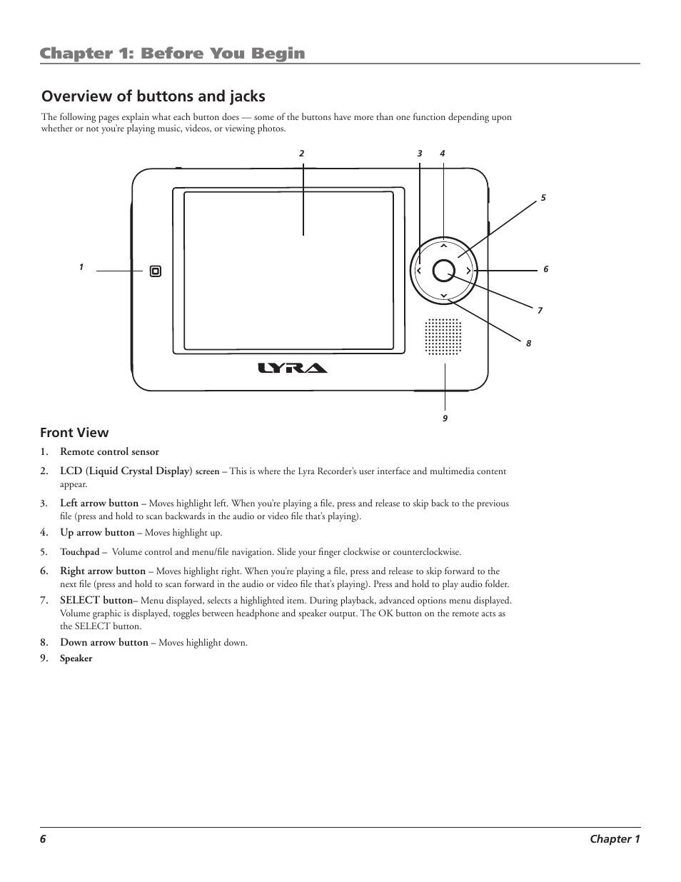 Chapter 1: before you begin, Overview of buttons and jacks, Front view | RCA LYRA X3000 User Manual | Page 12 / 68