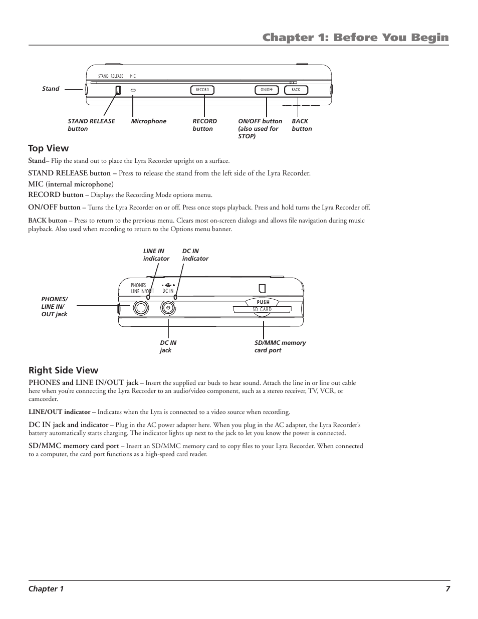 Chapter 1: before you begin, Top view, Right side view | RCA LYRA X3000 User Manual | Page 13 / 68