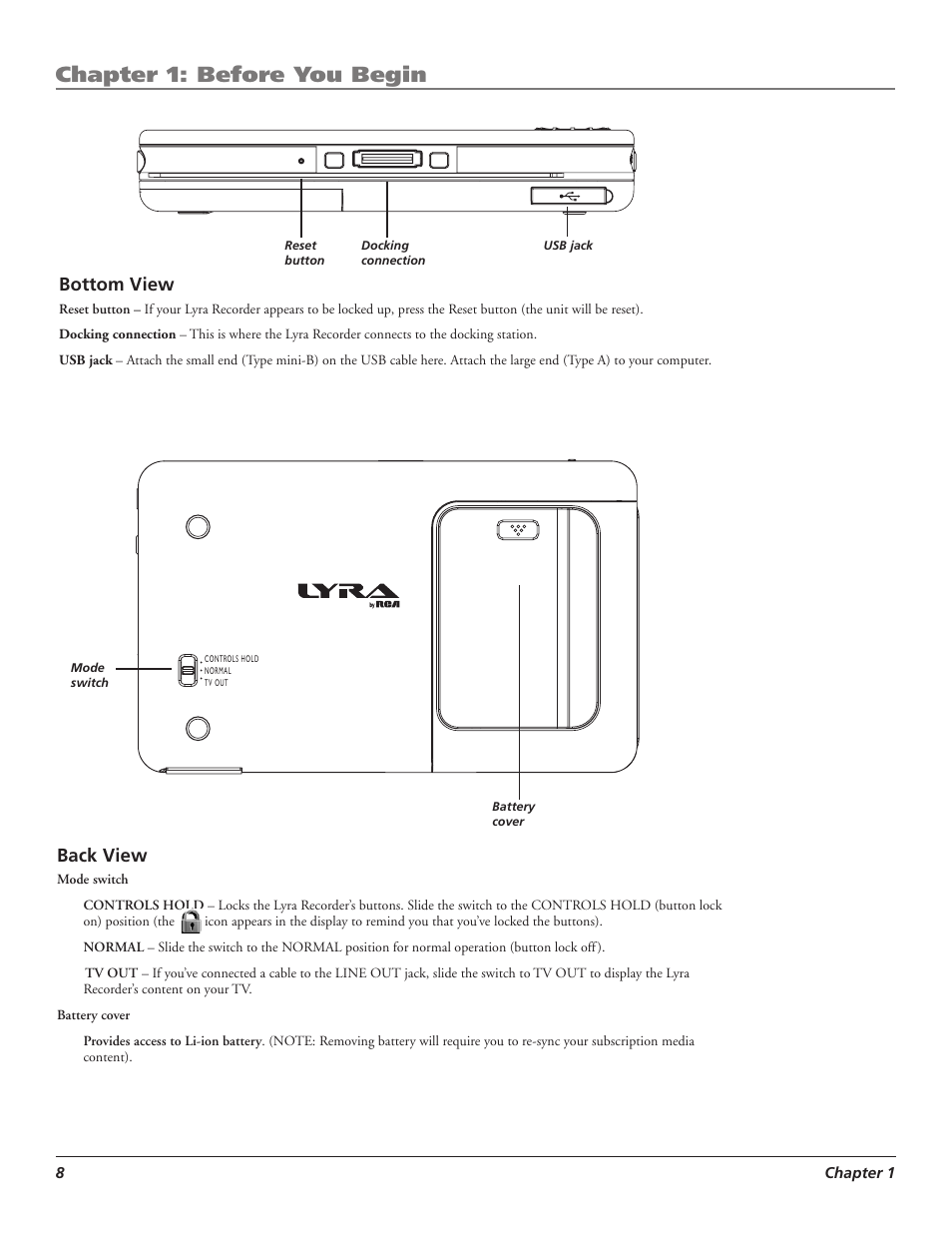 Chapter 1: before you begin, Bottom view, Back view | RCA LYRA X3000 User Manual | Page 14 / 68