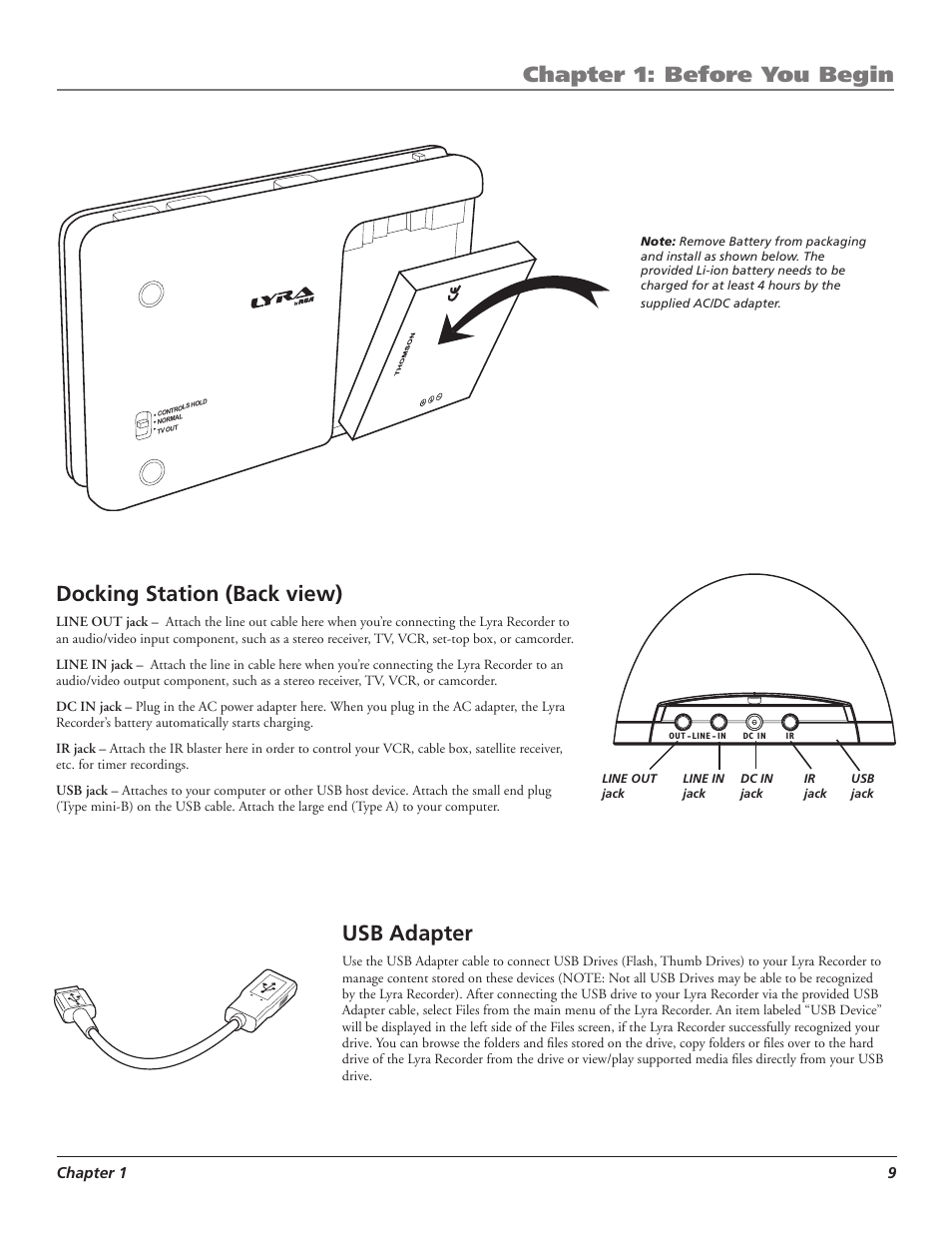 Chapter 1: before you begin, Docking station (back view), Usb adapter | Chapter  9 | RCA LYRA X3000 User Manual | Page 15 / 68