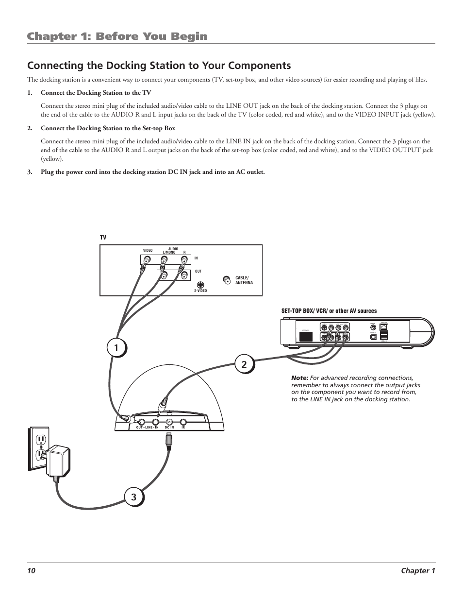 Chapter 1: before you begin, Connecting the docking station to your components, 0 chapter | Audio | RCA LYRA X3000 User Manual | Page 16 / 68