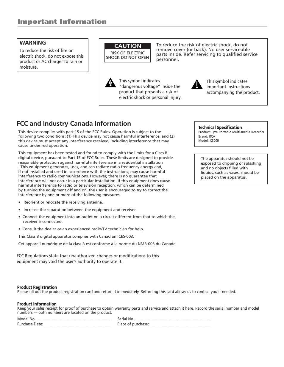 Fcc and industry canada information, Important information, Warning | Caution | RCA LYRA X3000 User Manual | Page 2 / 68