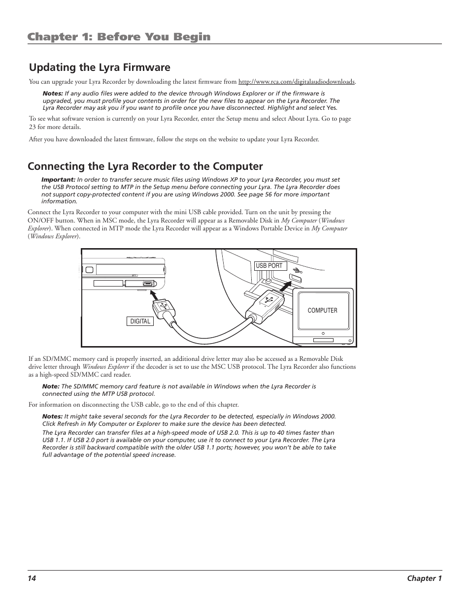 Chapter 1: before you begin, Updating the lyra firmware, Connecting the lyra recorder to the computer | RCA LYRA X3000 User Manual | Page 20 / 68