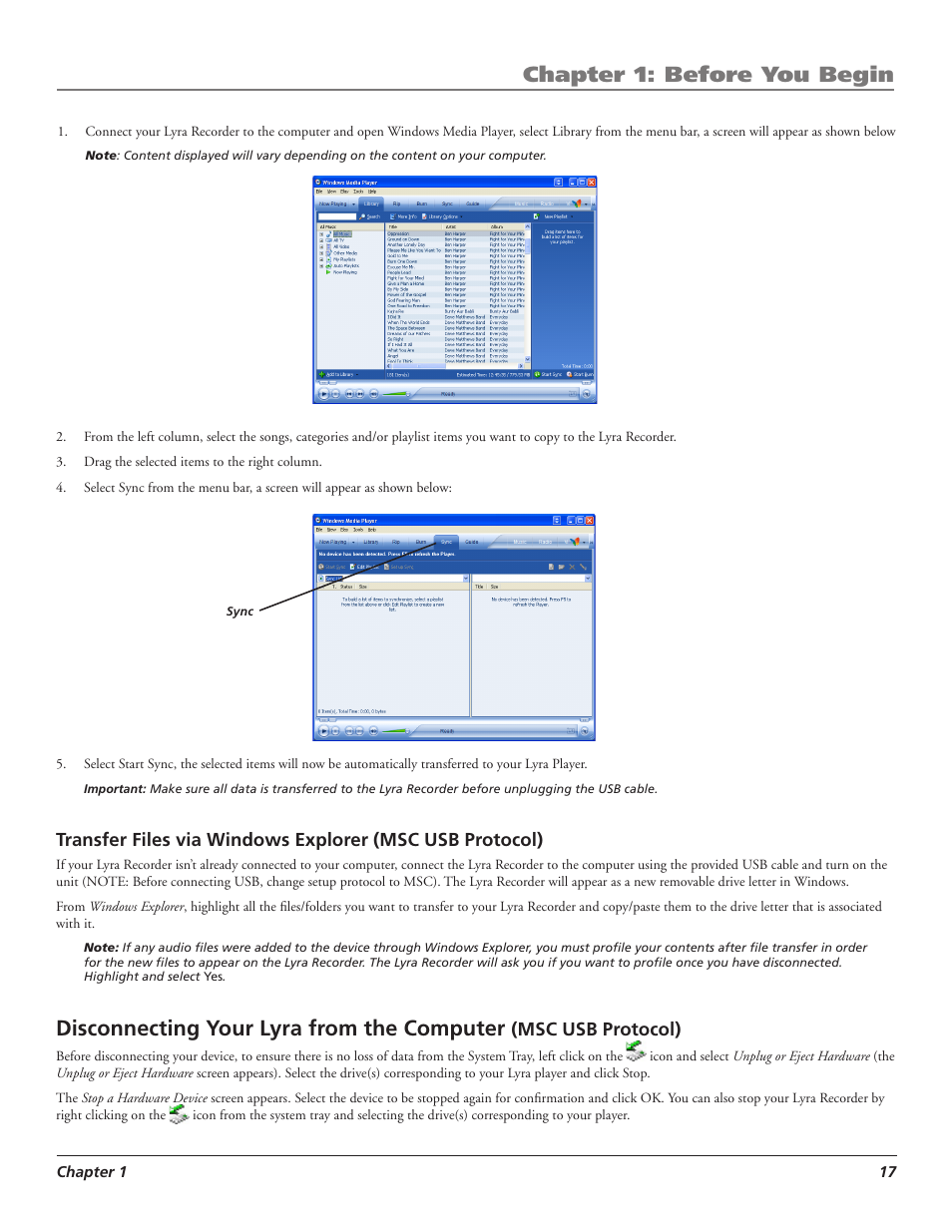 Chapter 1: before you begin, Disconnecting your lyra from the computer | RCA LYRA X3000 User Manual | Page 23 / 68