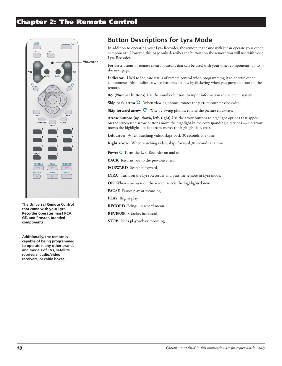 Chapter 2: the remote control, Button descriptions for lyra mode | RCA LYRA X3000 User Manual | Page 24 / 68