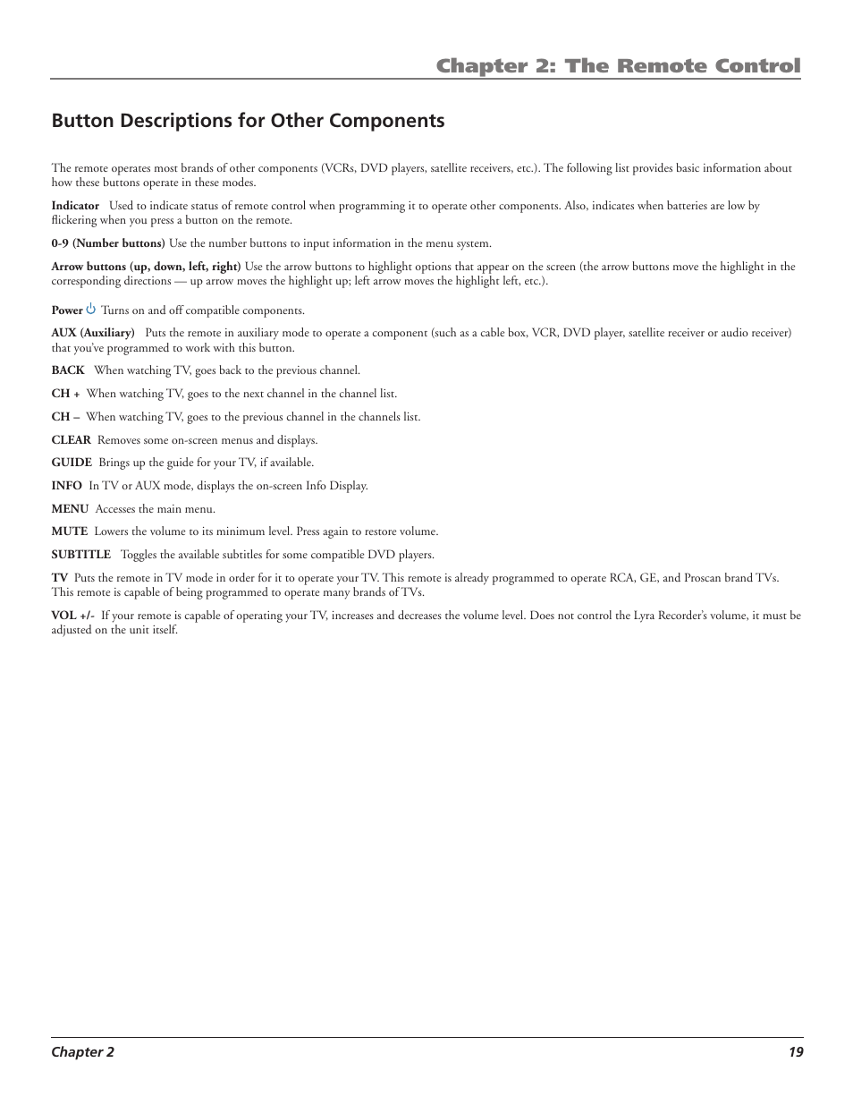 Chapter 2: the remote control, Button descriptions for other components | RCA LYRA X3000 User Manual | Page 25 / 68