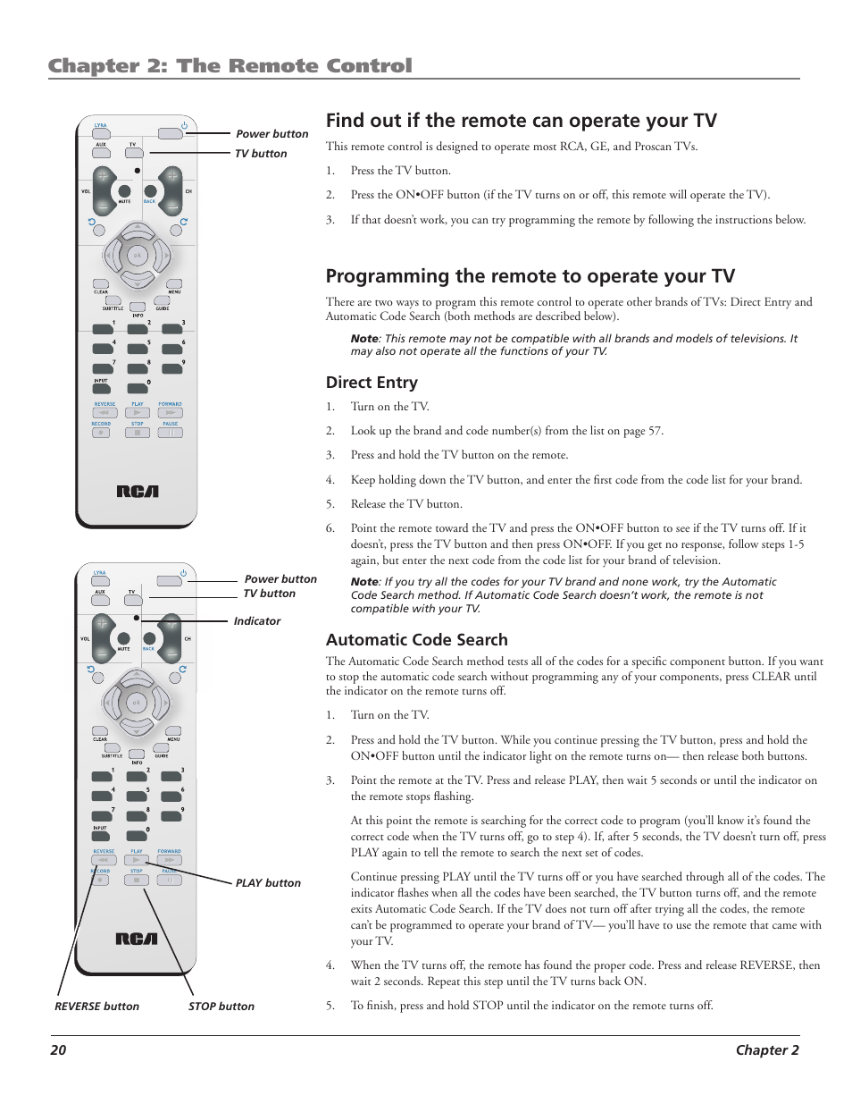 Chapter 2: the remote control, Find out if the remote can operate your tv, Programming the remote to operate your tv | Direct entry, Automatic code search | RCA LYRA X3000 User Manual | Page 26 / 68